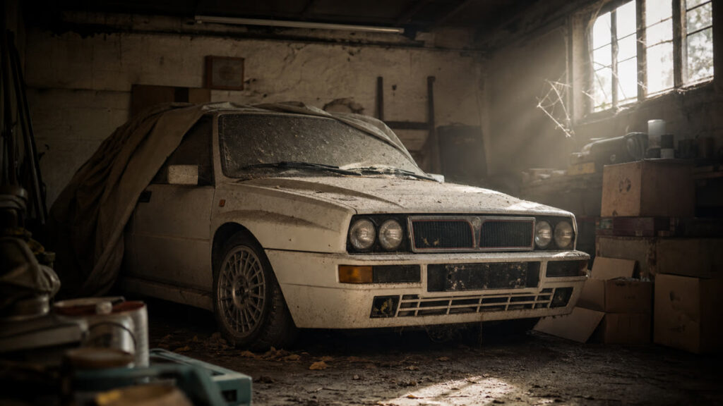 Una Lancia Delta degli anni 80 dimenticata in un garage