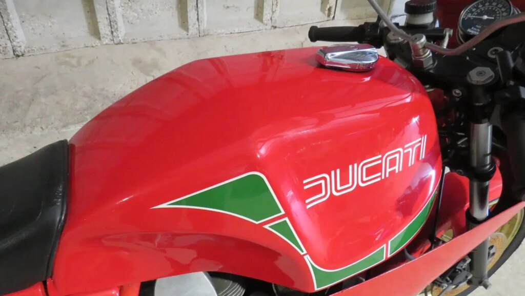 the fuel tank of a Ducati Mike Hailwood Replica