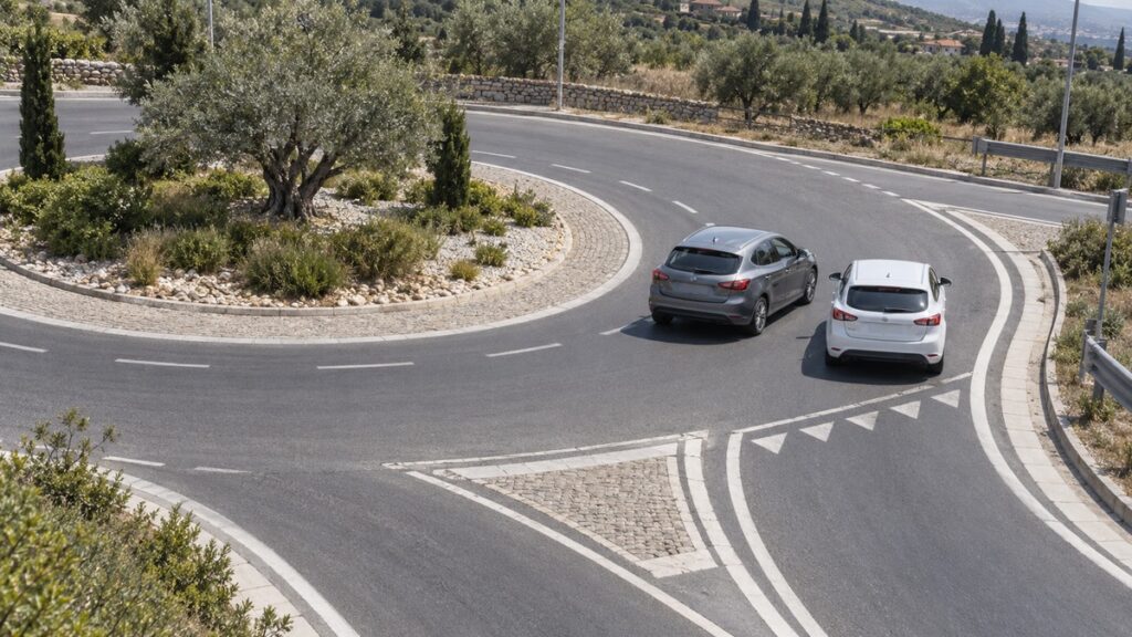 Due automobili affiancate in una rotatoria a due corsie vicino alla stessa uscita